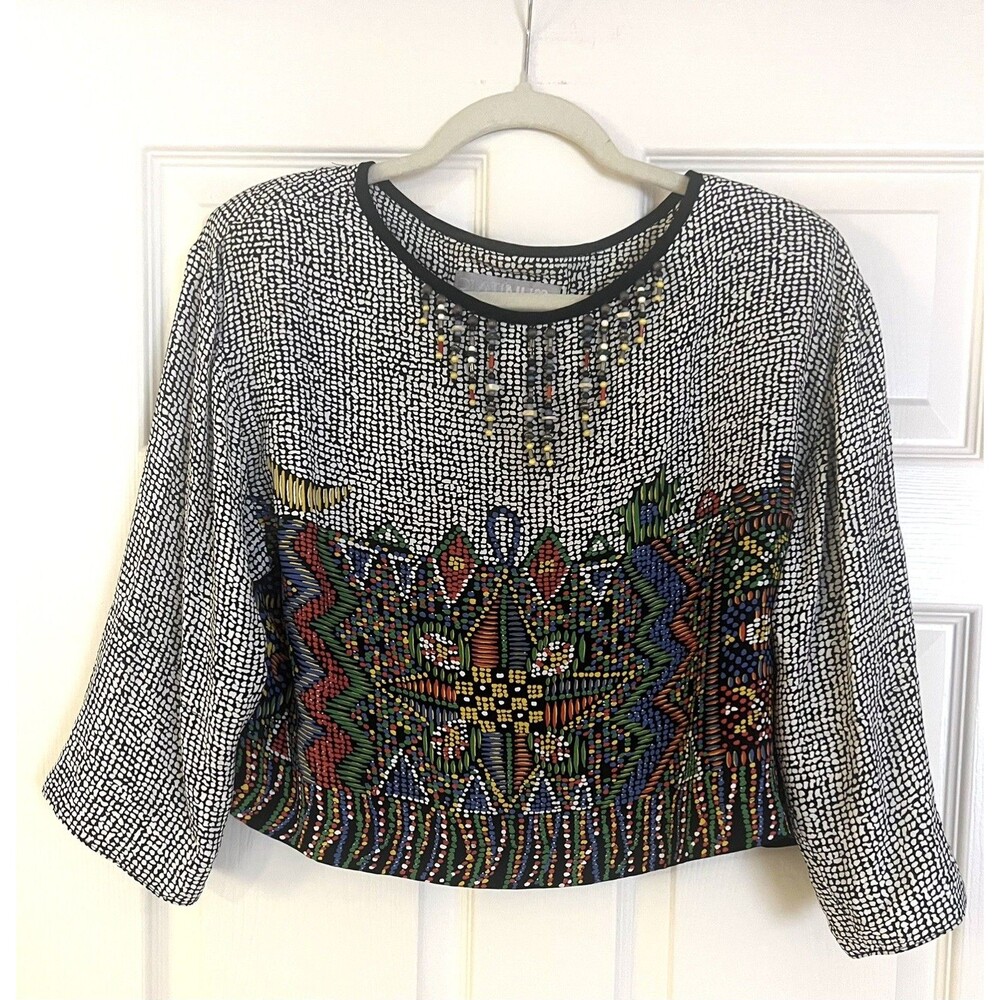 Vtg Platinum Dorothy Schoelen crop top M Beaded Stained Glass motif 1980s shirt
